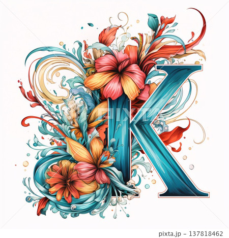 Beautiful letter K with floral ornament and hibiscus flowers Beautiful letter K with floral ornament and hibiscus flowers 137818462