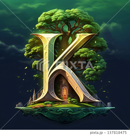 Alphabet letter K with tree and castle in the background. 3D rendering 137818475
