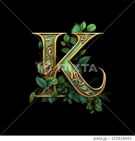 Golden capital letter K with green leaves isolated on black background. 3d rendering Golden capital letter K with green leaves isolated on black background. 3d rendering 137818483