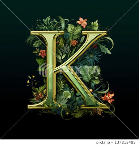Luxury floral capital letter K with green leaves and flowers. Luxury floral capital letter K with green leaves and flowers. 137818485