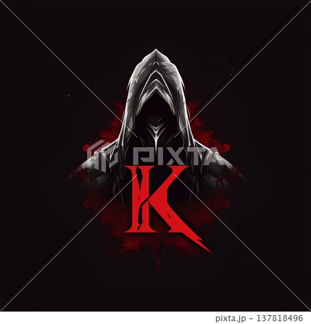 Hooded man in a black cloak with a red letter K on a black background Hooded man in a black cloak with a red letter K on a black background 137818496
