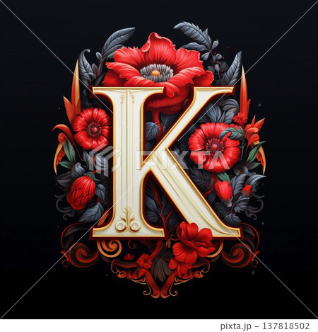 Luxury letter K with red poppies and black floral ornament. Luxury letter K with red poppies and black floral ornament. 137818502
