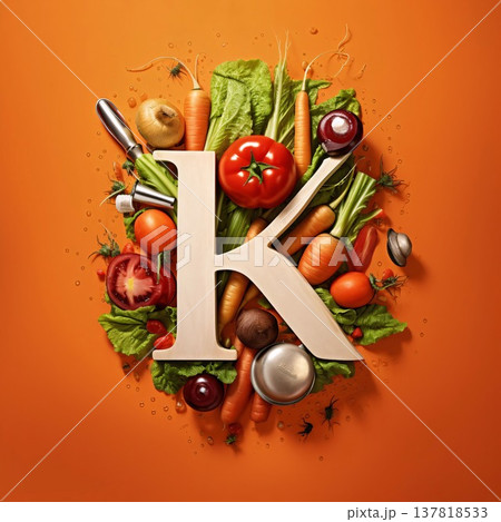 Letter K made of fresh vegetables on orange background. Healthy food concept 137818533