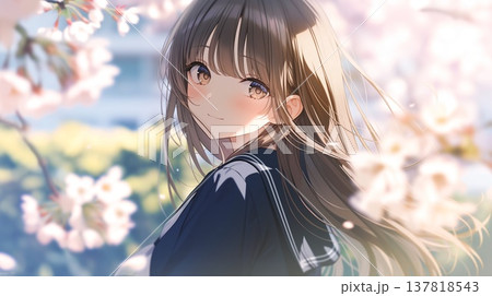 桜の木の下で髪をなびかせているアニメ調の美少女 桜の木の下で髪をなびかせているアニメ調の美少女 137818543