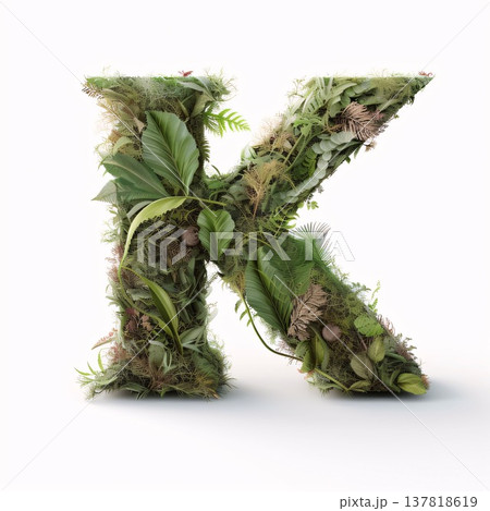 Letter K made from green leaves isolated on white background. 3D illustration. Letter K made from green leaves isolated on white background. 3D illustration. 137818619