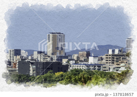 水彩画風 舞鶴公園からの展望 早良区西新周辺 福岡県福岡市 水彩画風 舞鶴公園からの展望 早良区西新周辺 福岡県福岡市 137818657