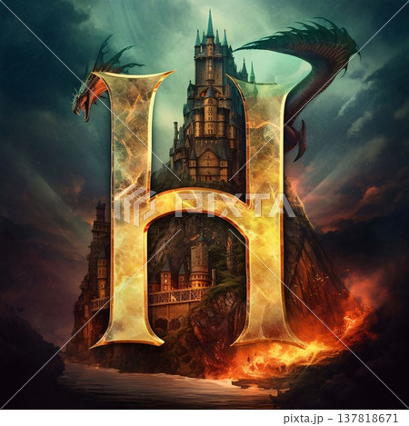 The letter H in the form of a dragon on the background of the castle The letter H in the form of a dragon on the background of the castle 137818671