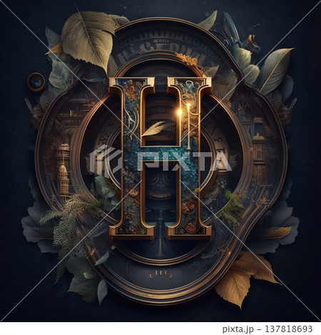 Vintage letter H in the frame of leaves. 3d rendering 137818693