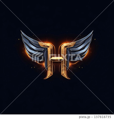 Vector illustration of the letter H with wings in gold on a black background. Vector illustration of the letter H with wings in gold on a black background. 137818735