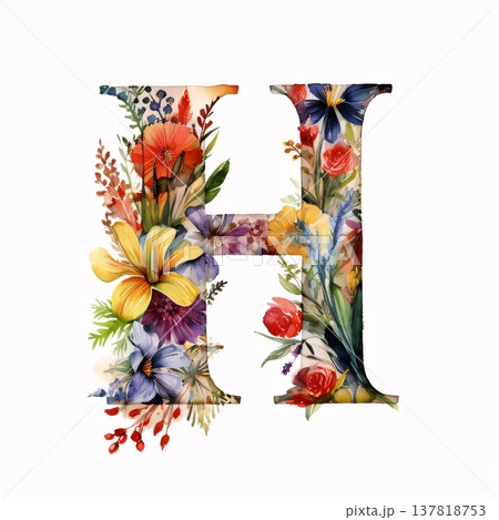 Watercolor alphabet of flowers. Letter H. Hand painted floral font. Watercolor alphabet of flowers. Letter H. Hand painted floral font. 137818753