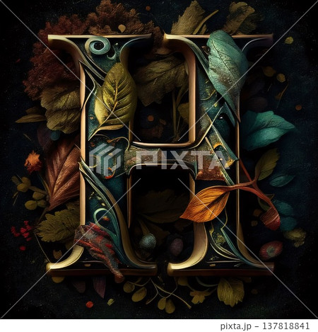 Letter H of the English alphabet. Colorful autumn leaves background. 137818841