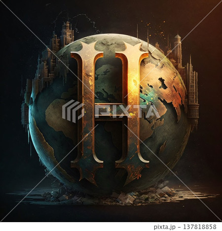 H letter in front of big city. 3D illustration. Elements of this image furnished by NASA 137818858
