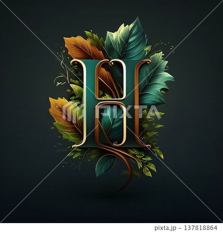 Elegant letter H with tropical leaves on a dark background. 137818864