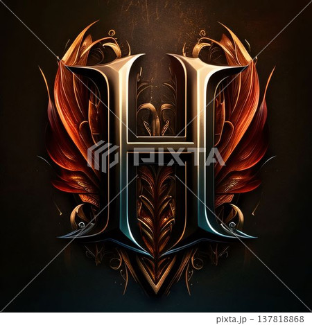 Fantasy letter H with floral ornament on a dark background. 3D illustration. 137818868