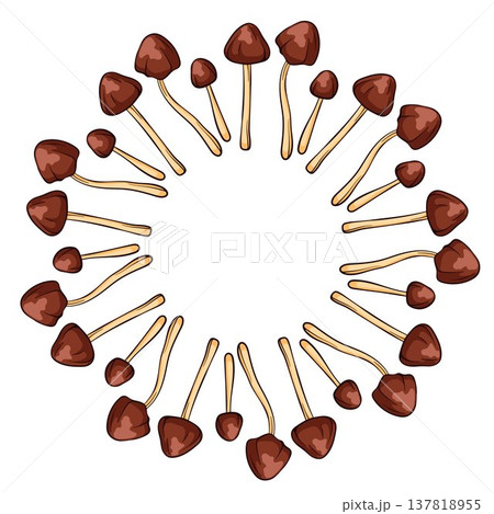 Conocybe Filaris inedible mushroom wreath in cartoon style. Decorative forest fungi isolated on white background for menu design, organic packaging and kitchen theme. 137818955