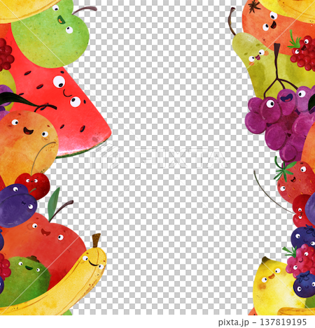 fruit seamless pattern with happy smiling faces: watermelon, mango, banana, apple, pear, grapes, berries, plum, strawberry. Ideal for posters, healthy food themes, summer party fruit seamless pattern with happy smiling faces: watermelon, mango, banana, apple, pear, grapes, berries, plum, strawberry. Ideal for posters, healthy food themes, summer party 137819195