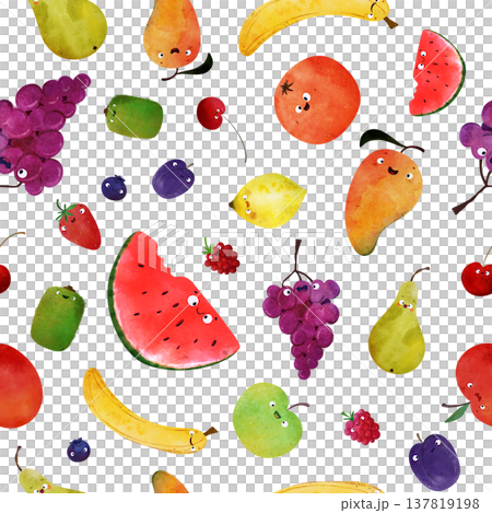 Fruit seamless pattern with happy smiling faces: watermelon, mango, banana, apple, pear, grapes, berries, plum, strawberry. Ideal for posters, healthy food themes, summer party Fruit seamless pattern with happy smiling faces: watermelon, mango, banana, apple, pear, grapes, berries, plum, strawberry. Ideal for posters, healthy food themes, summer party 137819198