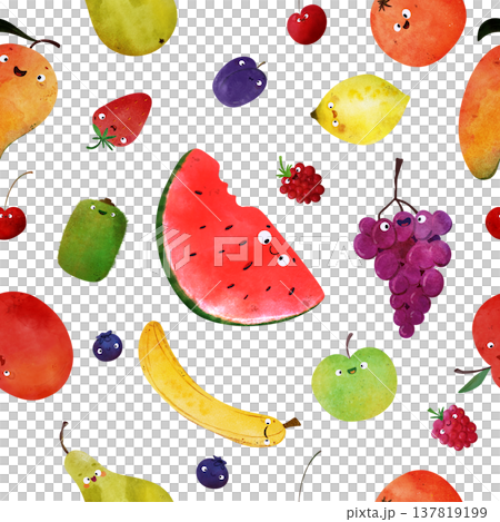 Fruit seamless pattern with happy smiling faces: watermelon, mango, banana, apple, pear, grapes, berries, plum, strawberry. Ideal for posters, healthy food themes, summer party Fruit seamless pattern with happy smiling faces: watermelon, mango, banana, apple, pear, grapes, berries, plum, strawberry. Ideal for posters, healthy food themes, summer party 137819199