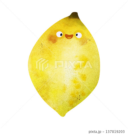Cute kawaii lemon with eyes and happy smile in adorable children's illustration style. Playful watercolor, vibrant orange tones. Perfect for kids food themes, healthy food themes, summer party 137819203