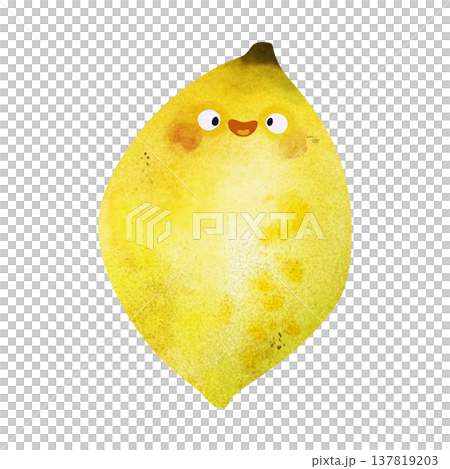 Cute kawaii lemon with eyes and happy smile in adorable children's illustration style. Playful watercolor, vibrant orange tones. Perfect for kids food themes, healthy food themes, summer party 137819203