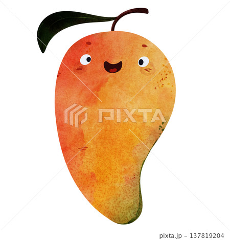 Cute kawaii mango with eyes and happy smile in adorable children's illustration style. Playful watercolor, vibrant orange tones. Perfect for kids food themes, healthy food themes, summer party 137819204