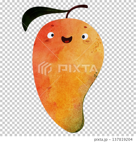 Cute kawaii mango with eyes and happy smile in adorable children's illustration style. Playful watercolor, vibrant orange tones. Perfect for kids food themes, healthy food themes, summer party Cute kawaii mango with eyes and happy smile in adorable children's illustration style. Playful watercolor, vibrant orange tones. Perfect for kids food themes, healthy food themes, summer party 137819204