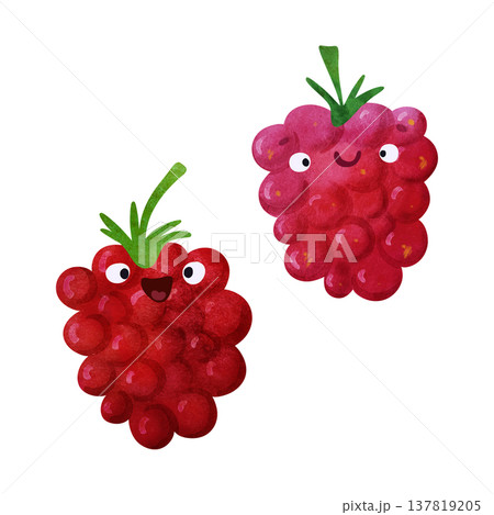 Cute kawaii raspberry with eyes and happy smile in adorable children's illustration style. Playful watercolor, vibrant orange tones. Perfect for kids food themes, healthy food themes, summer party Cute kawaii raspberry with eyes and happy smile in adorable children's illustration style. Playful watercolor, vibrant orange tones. Perfect for kids food themes, healthy food themes, summer party 137819205