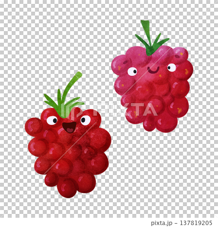 Cute kawaii raspberry with eyes and happy smile in adorable children's illustration style. Playful watercolor, vibrant orange tones. Perfect for kids food themes, healthy food themes, summer party Cute kawaii raspberry with eyes and happy smile in adorable children's illustration style. Playful watercolor, vibrant orange tones. Perfect for kids food themes, healthy food themes, summer party 137819205
