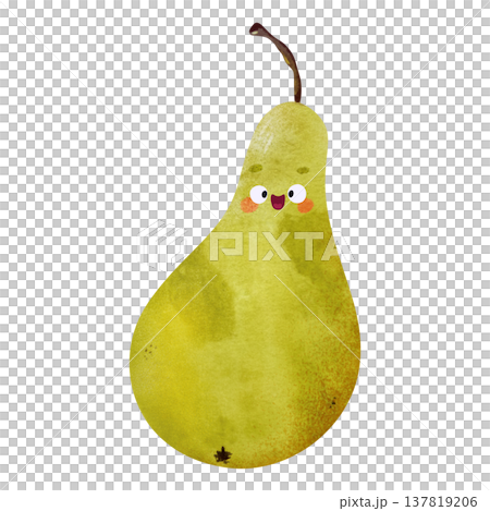 Cute kawaii pear with eyes and happy smile in adorable children's illustration style. Playful watercolor, vibrant orange tones. Perfect for kids food themes, healthy food themes, summer party Cute kawaii pear with eyes and happy smile in adorable children's illustration style. Playful watercolor, vibrant orange tones. Perfect for kids food themes, healthy food themes, summer party 137819206