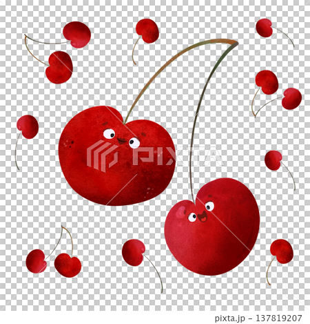 Cute kawaii cherry characters with big eyes and happy smiles, surrounded by small floating cherries in adorable children's illustration style. Ideal for kids healthy food themes, summer party 137819207