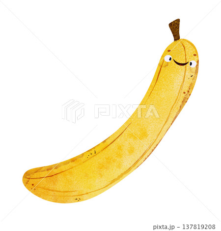 Cute kawaii banana with eyes and happy smile in adorable children's illustration style. Playful watercolor, vibrant orange tones. Perfect for kids food themes, healthy food themes, summer party Cute kawaii banana with eyes and happy smile in adorable children's illustration style. Playful watercolor, vibrant orange tones. Perfect for kids food themes, healthy food themes, summer party 137819208
