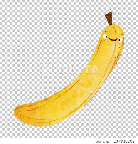 Cute kawaii banana with eyes and happy smile in adorable children's illustration style. Playful watercolor, vibrant orange tones. Perfect for kids food themes, healthy food themes, summer party 137819208