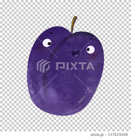 Cute kawaii plum with eyes and happy smile in adorable children's illustration style. Playful watercolor, vibrant orange tones. Perfect for kids food themes, healthy food themes, summer party 137819209