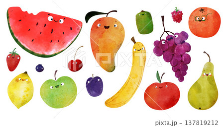 Kawaii fruit clipart set happy faces: watermelon, mango, banana, grapes, pear, lemon, apple, plum, strawberry, blueberry, cherry, raspberry, orange Ideal for posters, summer party, healthy food themes 137819212