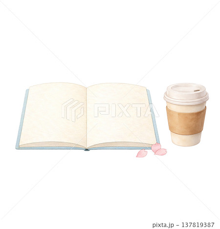ノートとコーヒー カフェタイム 勉強 学習 水彩イラスト素材 137819387