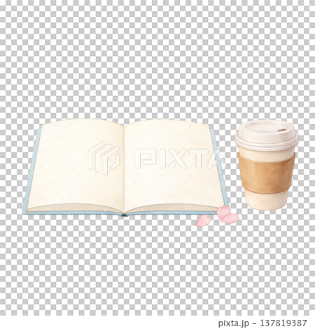 ノートとコーヒー カフェタイム 勉強 学習 水彩イラスト素材 137819387