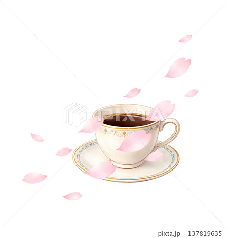 桜とコーヒー 春 カフェタイム 桜吹雪 水彩イラスト素材 137819635