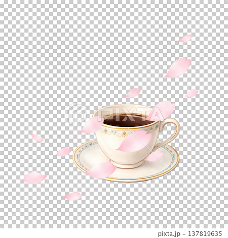 桜とコーヒー 春 カフェタイム 桜吹雪 水彩イラスト素材 137819635