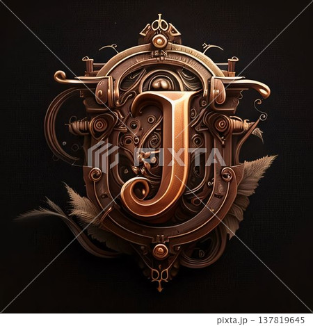Vintage letter J with floral ornament on black background. 3D rendering Vintage letter J with floral ornament on black background. 3D rendering 137819645