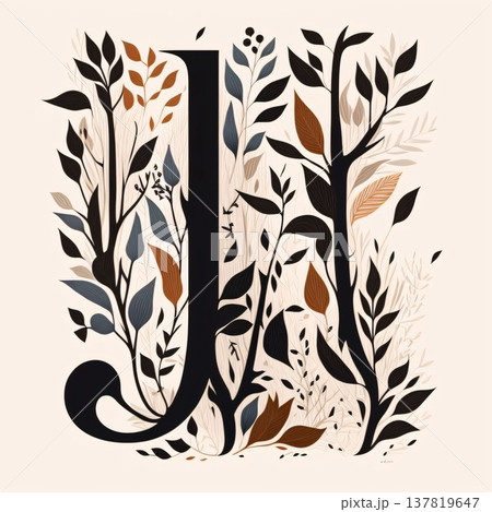 Decorative letter J with leaves and branches. Hand drawn vector illustration. Decorative letter J with leaves and branches. Hand drawn vector illustration. 137819647
