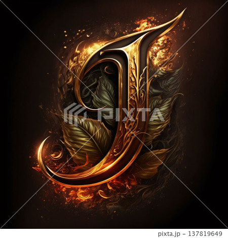 Flaming letter J on a dark background with floral ornament. Flaming letter J on a dark background with floral ornament. 137819649