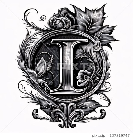 Luxury monogram with floral ornament. Letter I in the center. Luxury monogram with floral ornament. Letter I in the center. 137819747