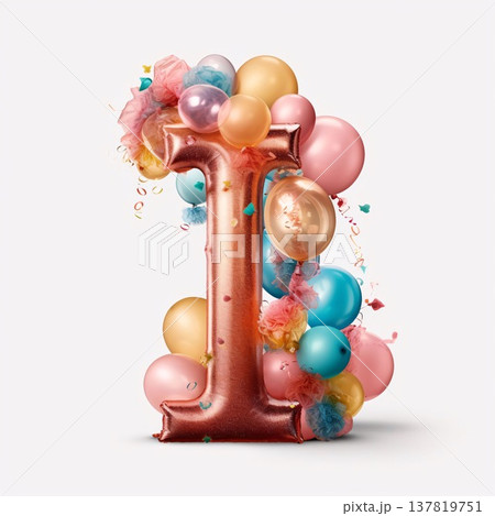 Letter I with balloons and confetti isolated on white background. 3D illustration Letter I with balloons and confetti isolated on white background. 3D illustration 137819751
