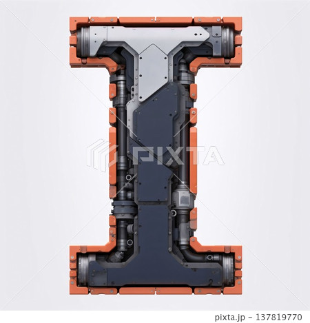 Mechanical alphabet made from rivet metal with orange frame, letter I 137819770