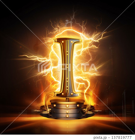 First place pedestal with lightning in the dark, vector illustration. Letter I. 137819777