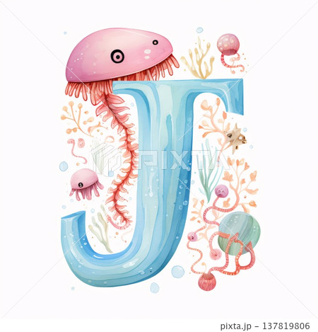 Cute letter J with jellyfish, seaweed and starfish. Vector illustration. Cute letter J with jellyfish, seaweed and starfish. Vector illustration. 137819806