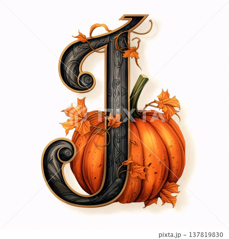 Pumpkin capital letter J with autumn leaves. Vector illustration. 137819830