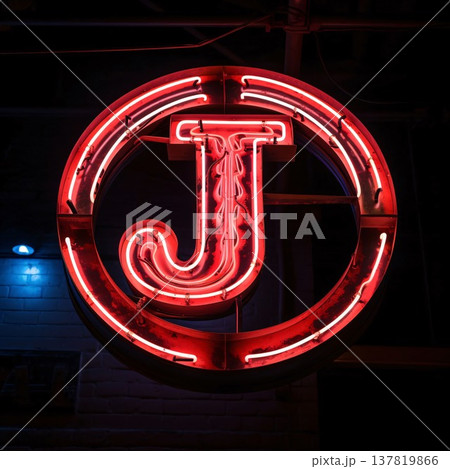 Neon letter J on a dark background. The sign is illuminated with red light. Neon letter J on a dark background. The sign is illuminated with red light. 137819866