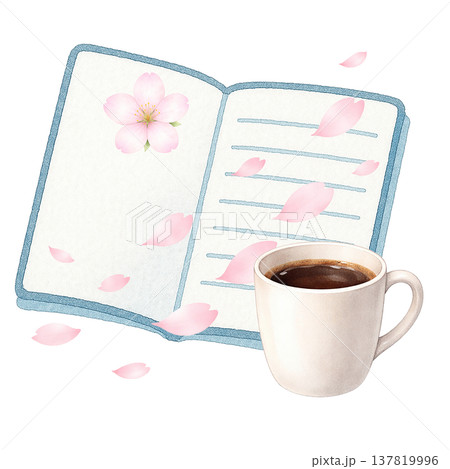 桜と読書 コーヒー 春のカフェタイム 学習 リラックス 水彩イラスト素材 桜と読書 コーヒー 春のカフェタイム 学習 リラックス 水彩イラスト素材 137819996
