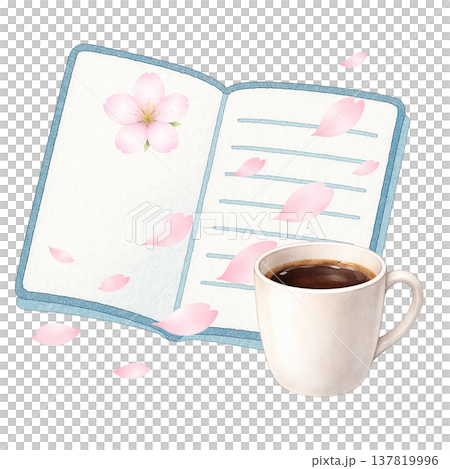 桜と読書 コーヒー 春のカフェタイム 学習 リラックス 水彩イラスト素材 桜と読書 コーヒー 春のカフェタイム 学習 リラックス 水彩イラスト素材 137819996
